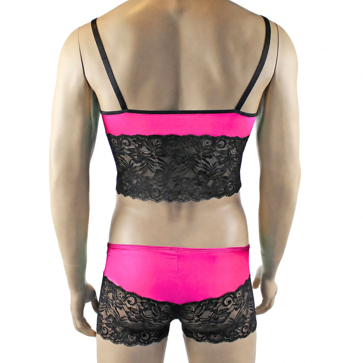 Mens Risque Camisole Top Boxer Briefs with Garters Neon Pink & Black Lace