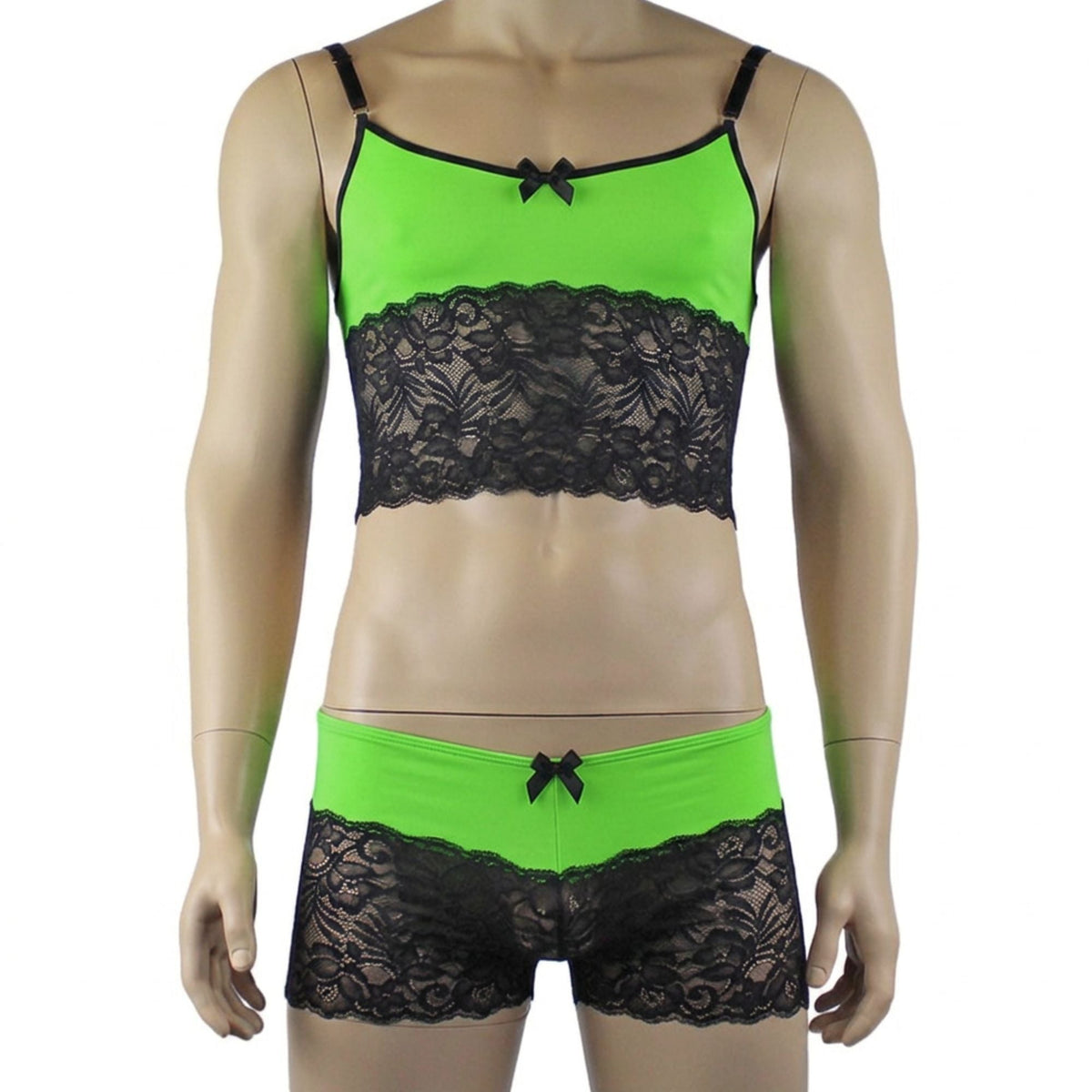 Mens Risque Camisole Top Boxer Briefs with Garters Neon Green & Black Lace