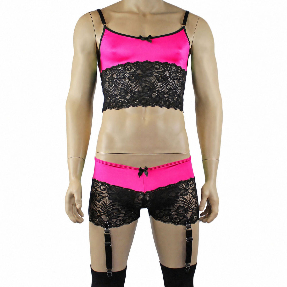 Mens Risque Camisole Top Boxer Briefs with Garters Neon Pink & Black Lace