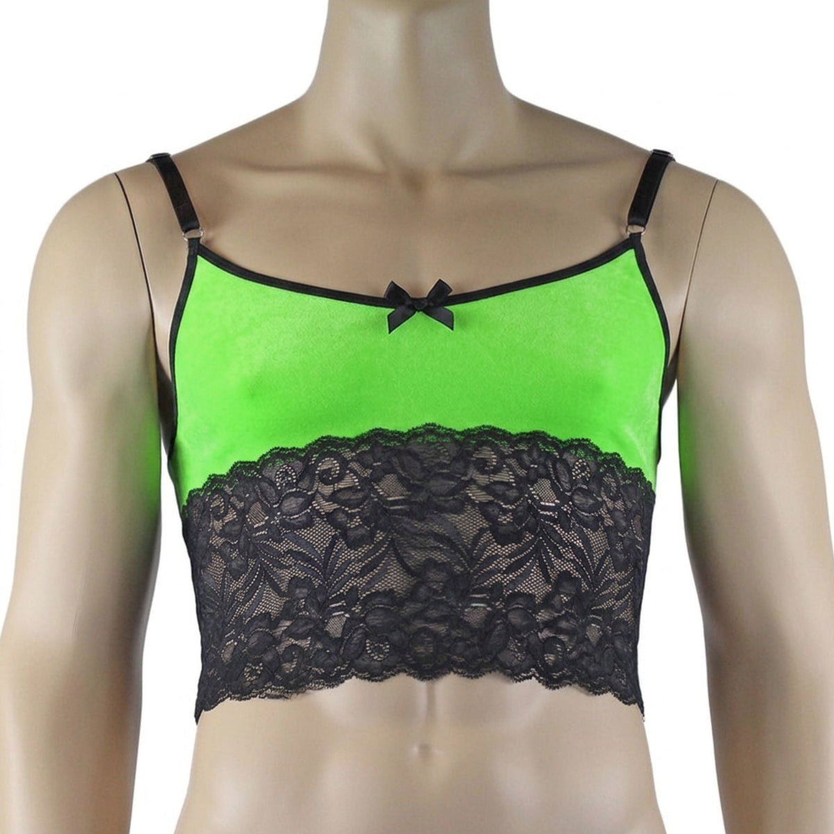 Mens Risque Camisole Bra Top with Wide Lace Trim Neon Green & Black