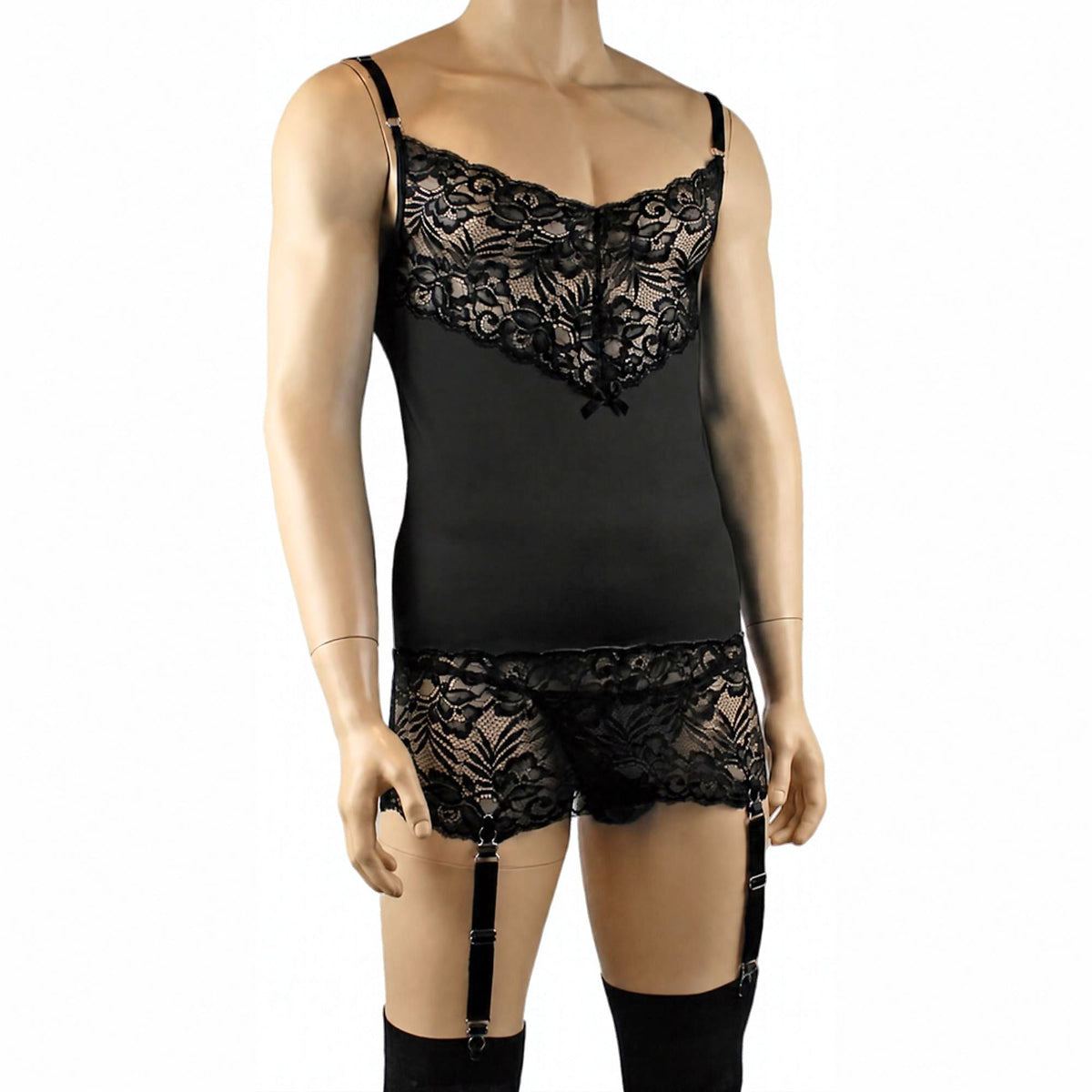 Mens Risque Camisole Mini Dress Chemise, G string & Stockings Black & Black