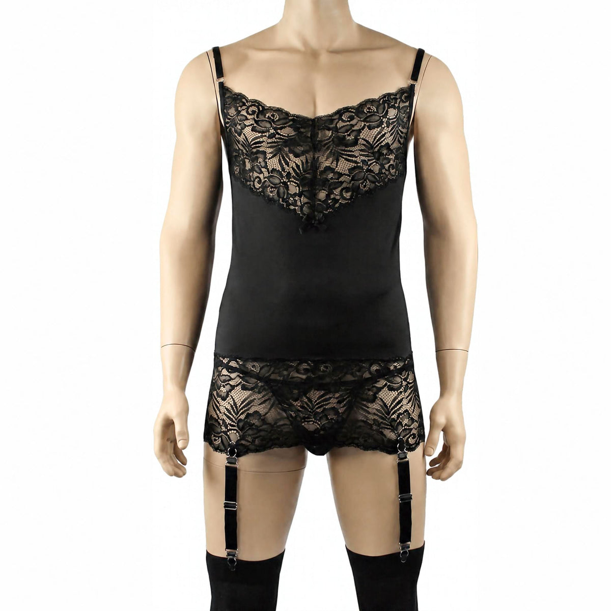 Mens Risque Camisole Mini Dress Chemise, G string & Stockings Black & Black