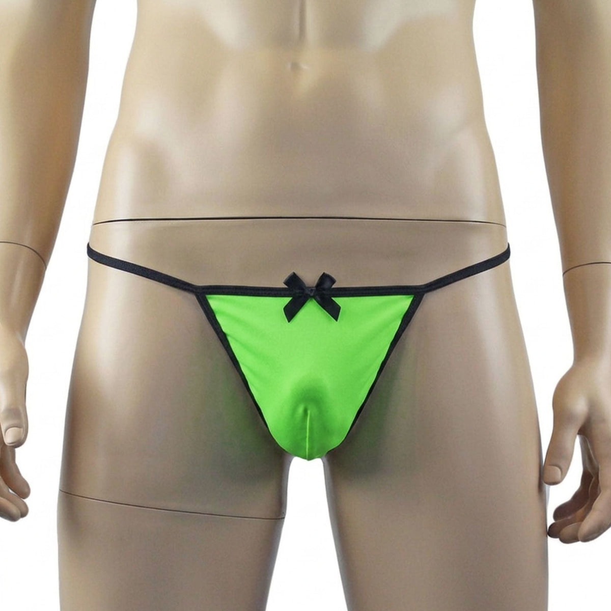 Mens Risque Stretch Spandex Pouch G string with Bow Neon Green