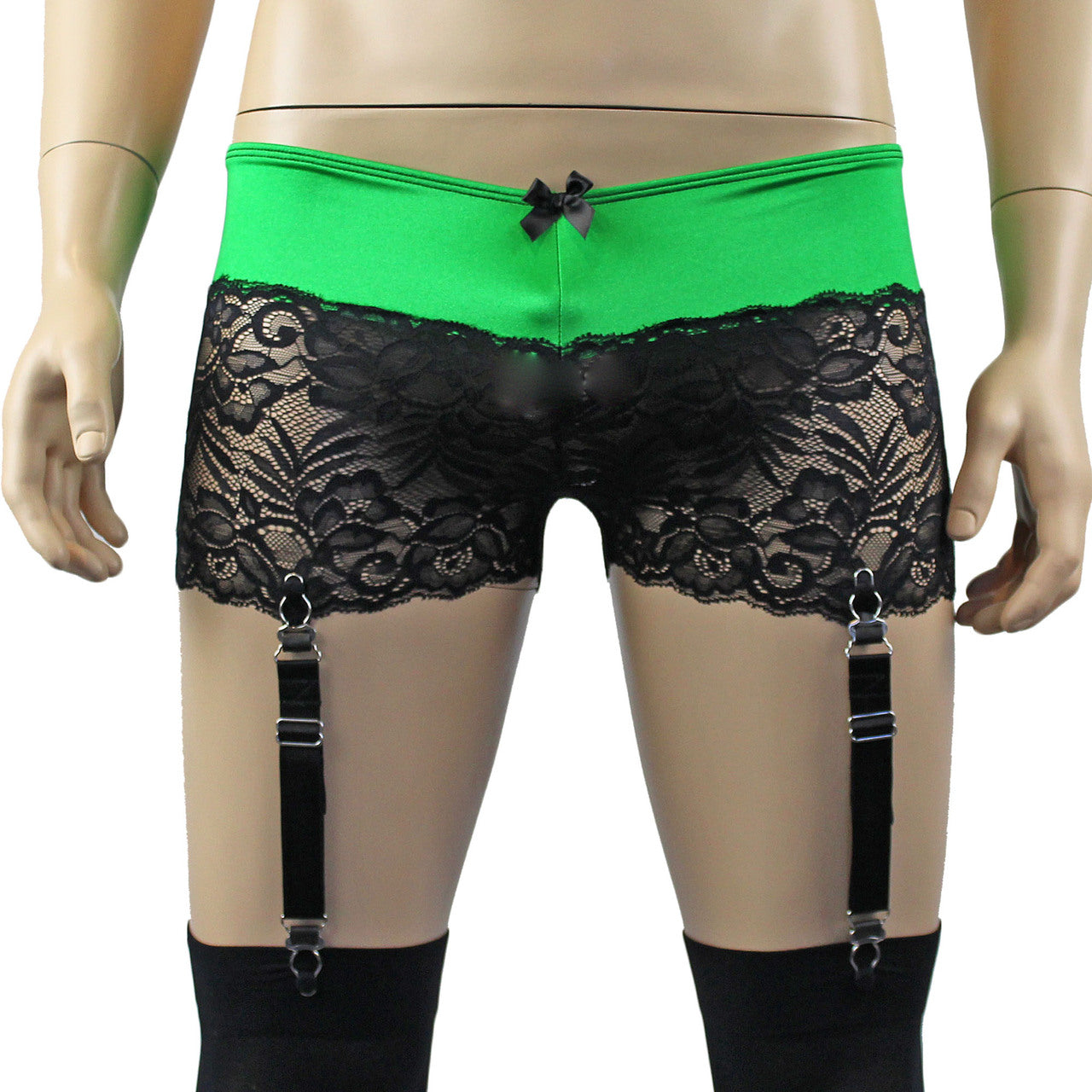 Mens Risque Boxer Briefs with Detachable Garters & Stockings Neon Green and Black Lace
