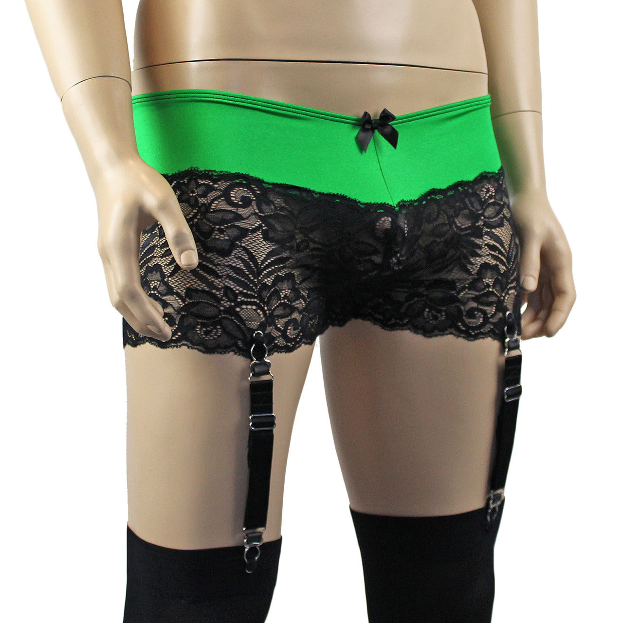 Mens Risque Boxer Briefs with Detachable Garters & Stockings Neon Green and Black Lace