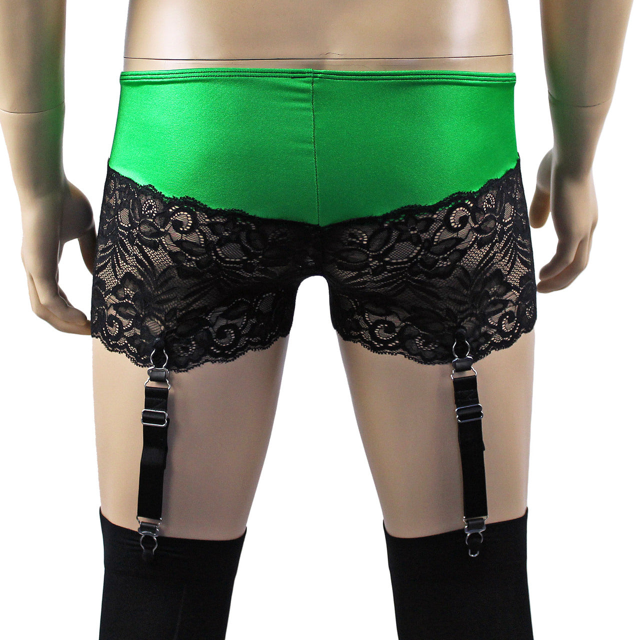 Mens Risque Boxer Briefs with Detachable Garters & Stockings Neon Green and Black Lace