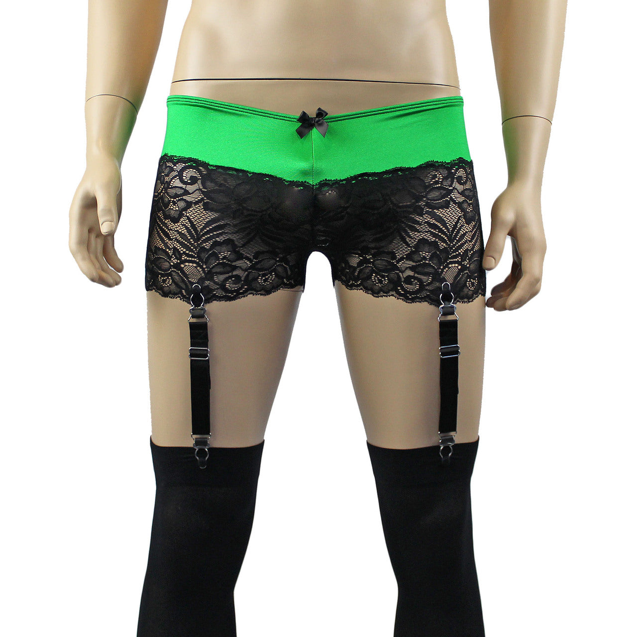 Mens Risque Boxer Briefs with Detachable Garters & Stockings Neon Green and Black Lace