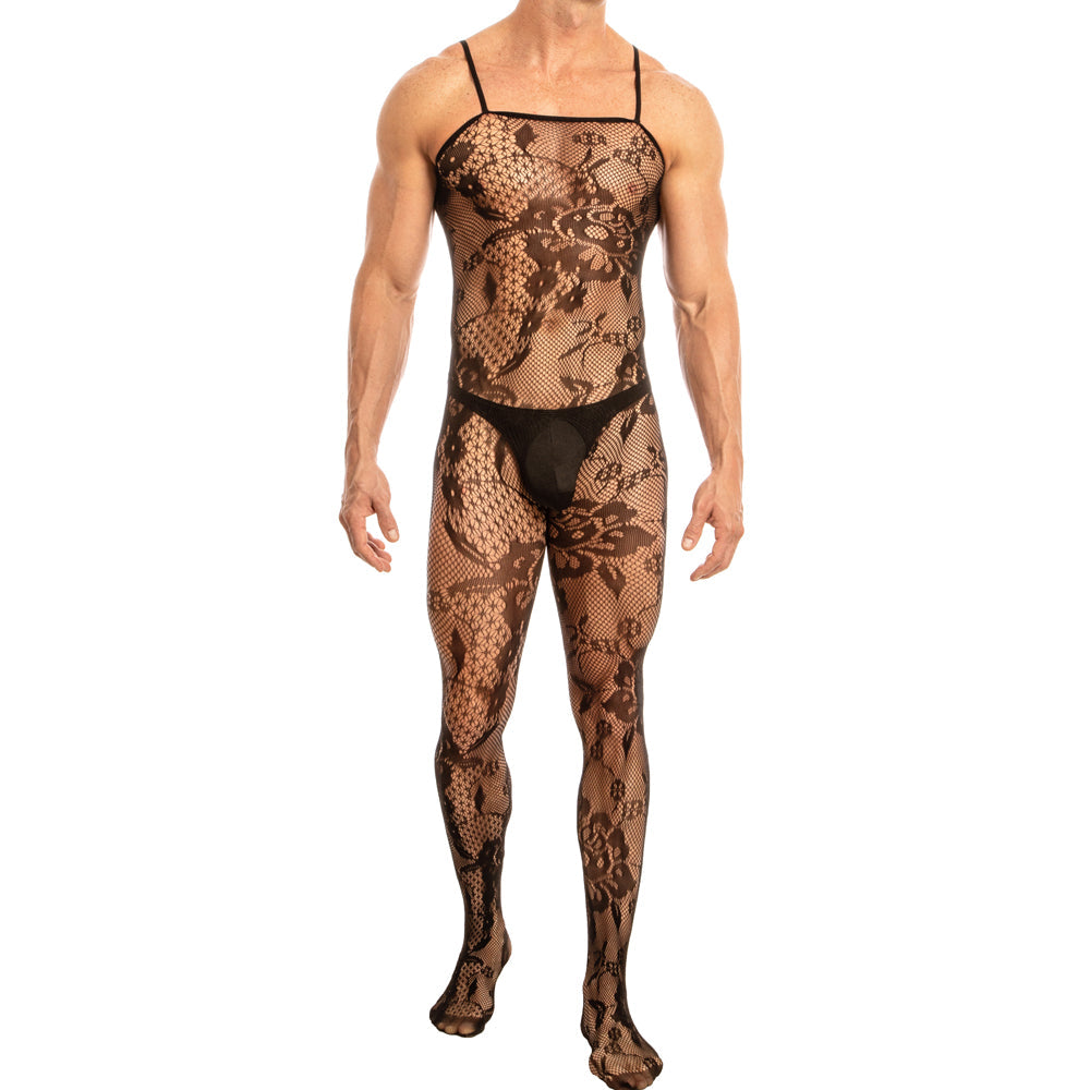 JCSTK - Unisex Floral Lace Bodystocking with Thin Straps Black