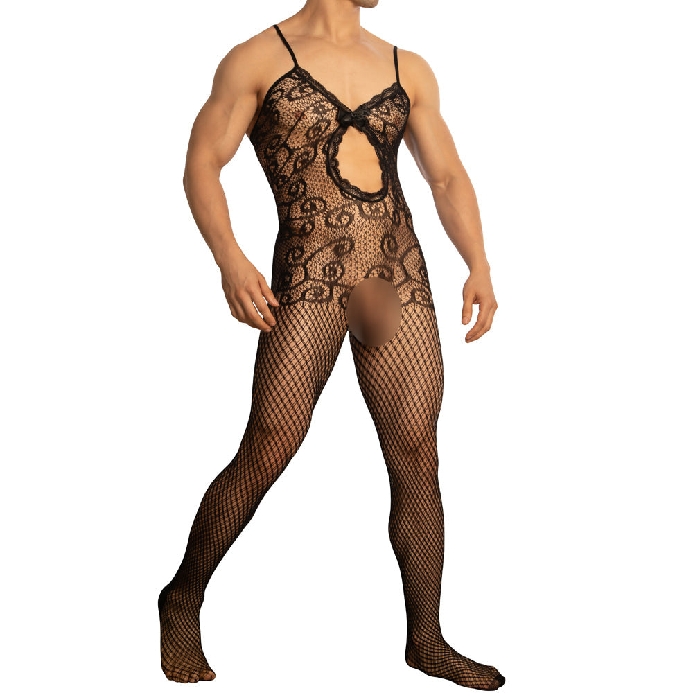 JCSTK - Unisex Lingerie Crocheted Fishnet Bodystocking with Keyhole Front Black