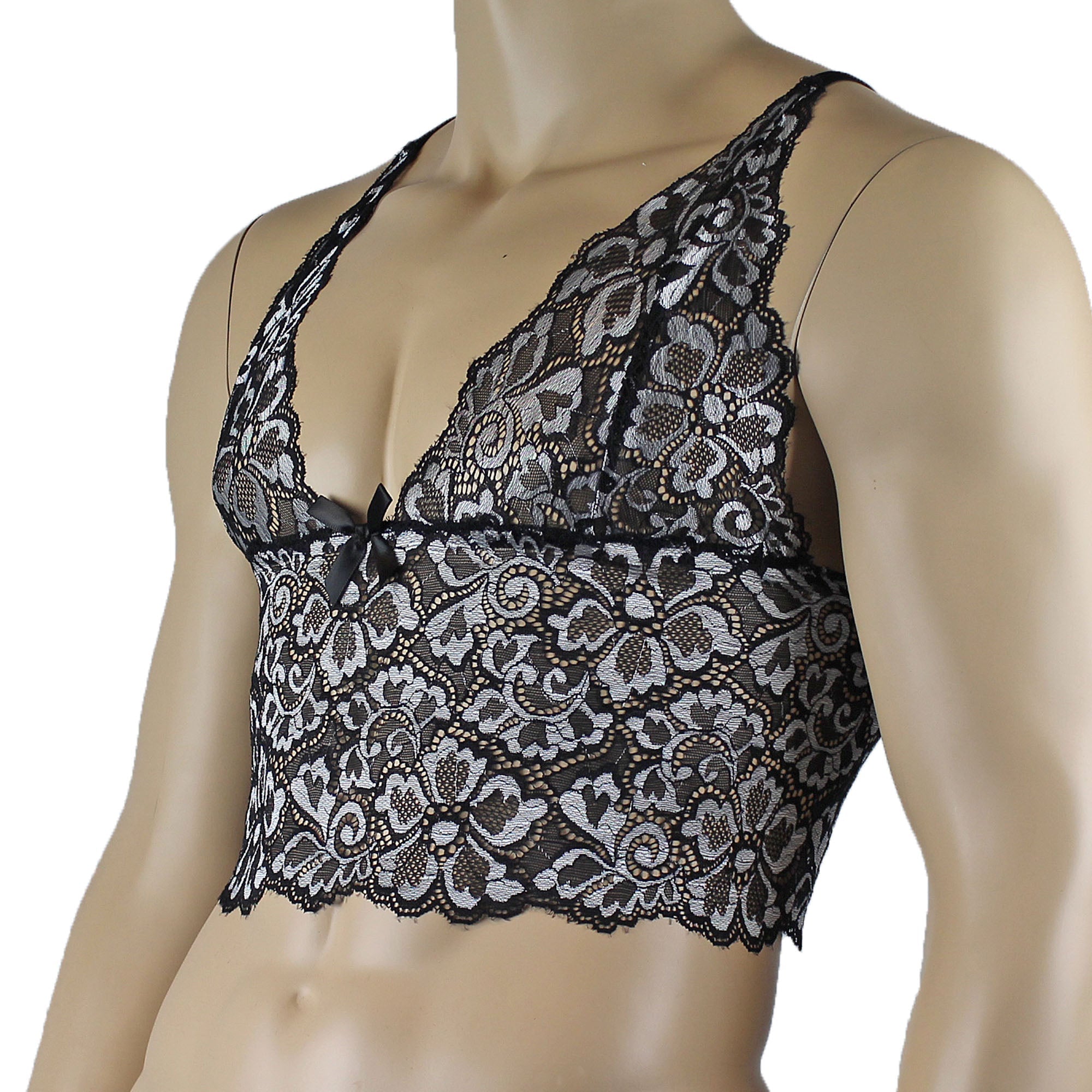 Mens Sweetheart Scalloped Shiny Lace Cami Bra Top for Males (silver plus other colours)