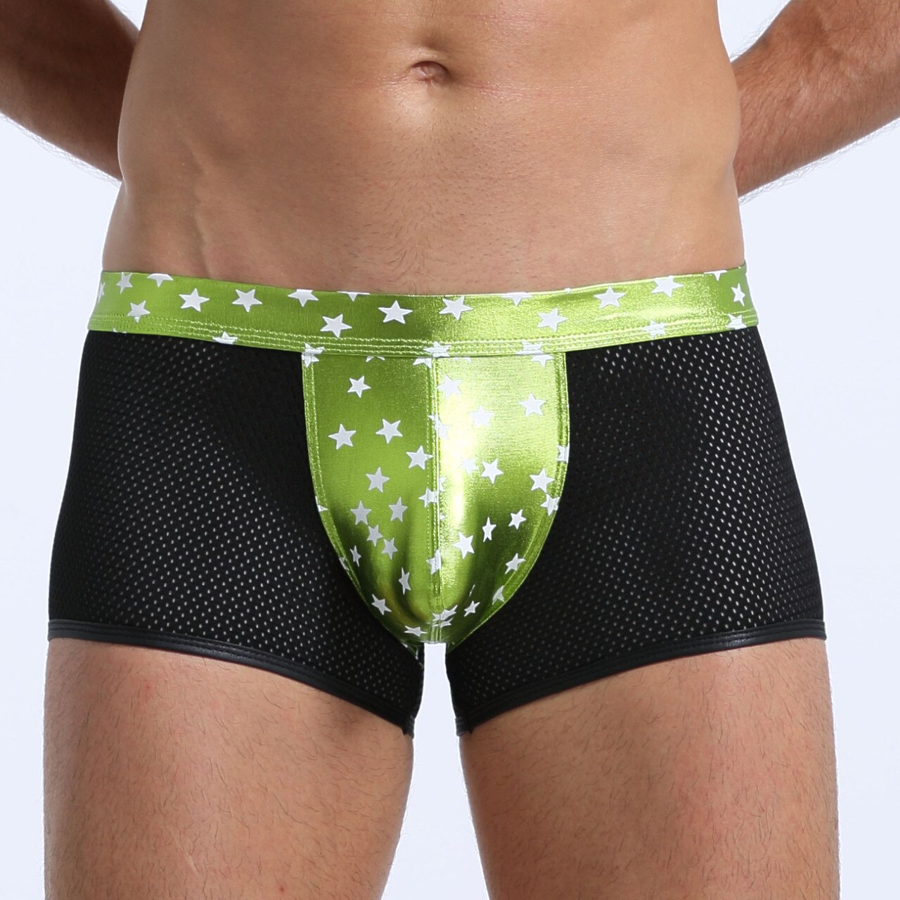 SALE - Mens Super Stars Shiny Metallic and Net Boxer Shorts Green and Black