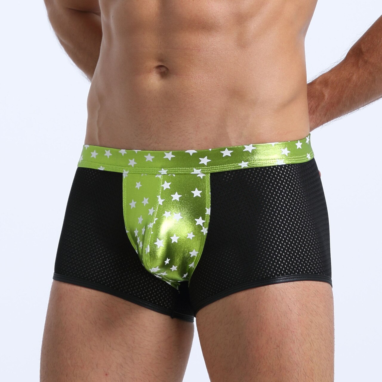 SALE - Mens Super Stars Shiny Metallic and Net Boxer Shorts Green and Black