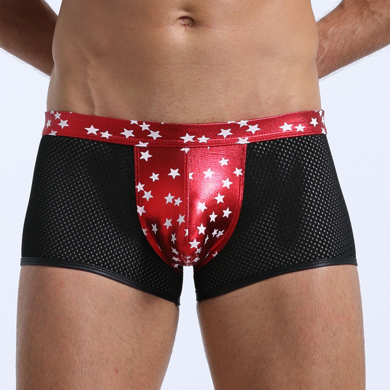 JCSTK - Mens Super Stars Shiny Metallic and Net Boxer Shorts Red and Black