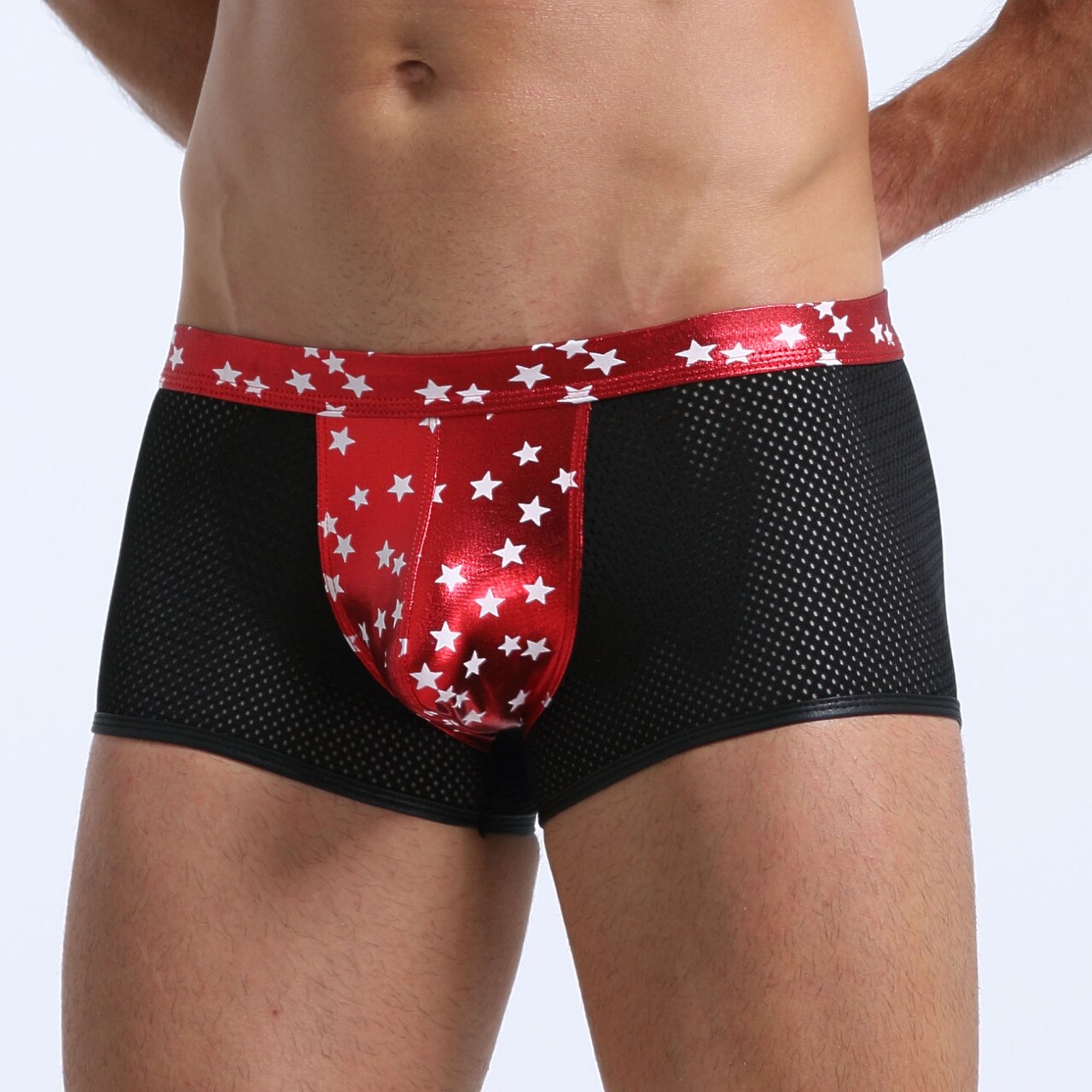 JCSTK - Mens Super Stars Shiny Metallic and Net Boxer Shorts Red and Black