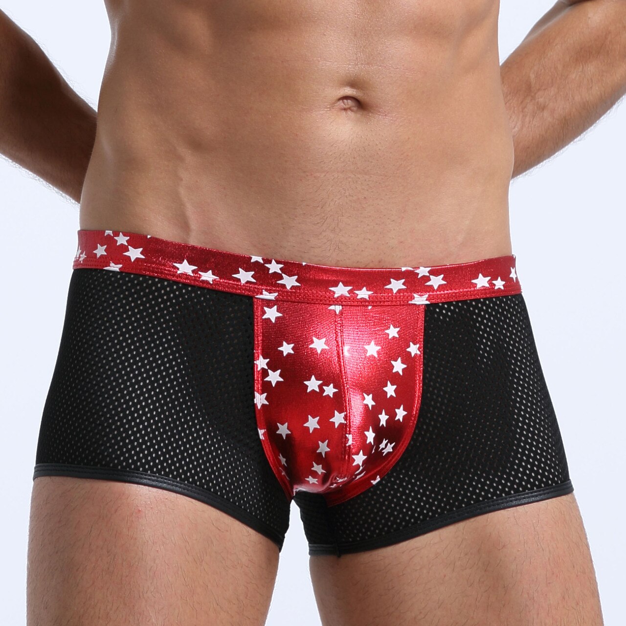 JCSTK - Mens Super Stars Shiny Metallic and Net Boxer Shorts Red and Black