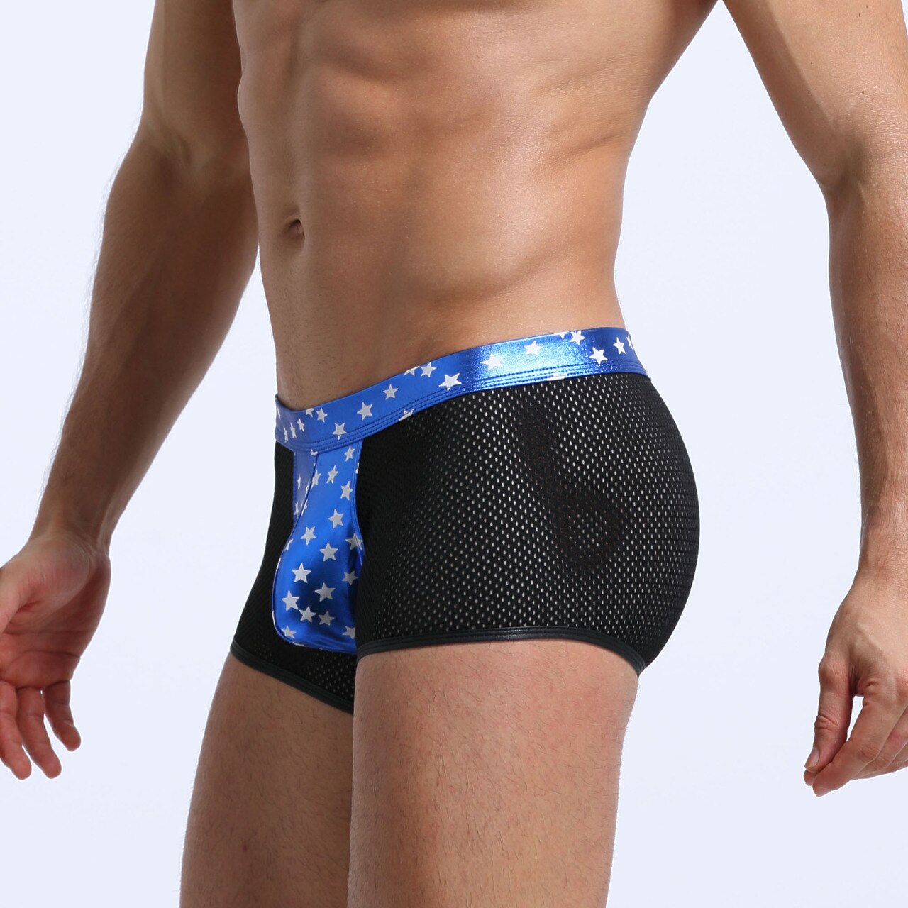 SALE - Mens Super Stars Shiny Metallic and Net Boxer Shorts Blue and Black