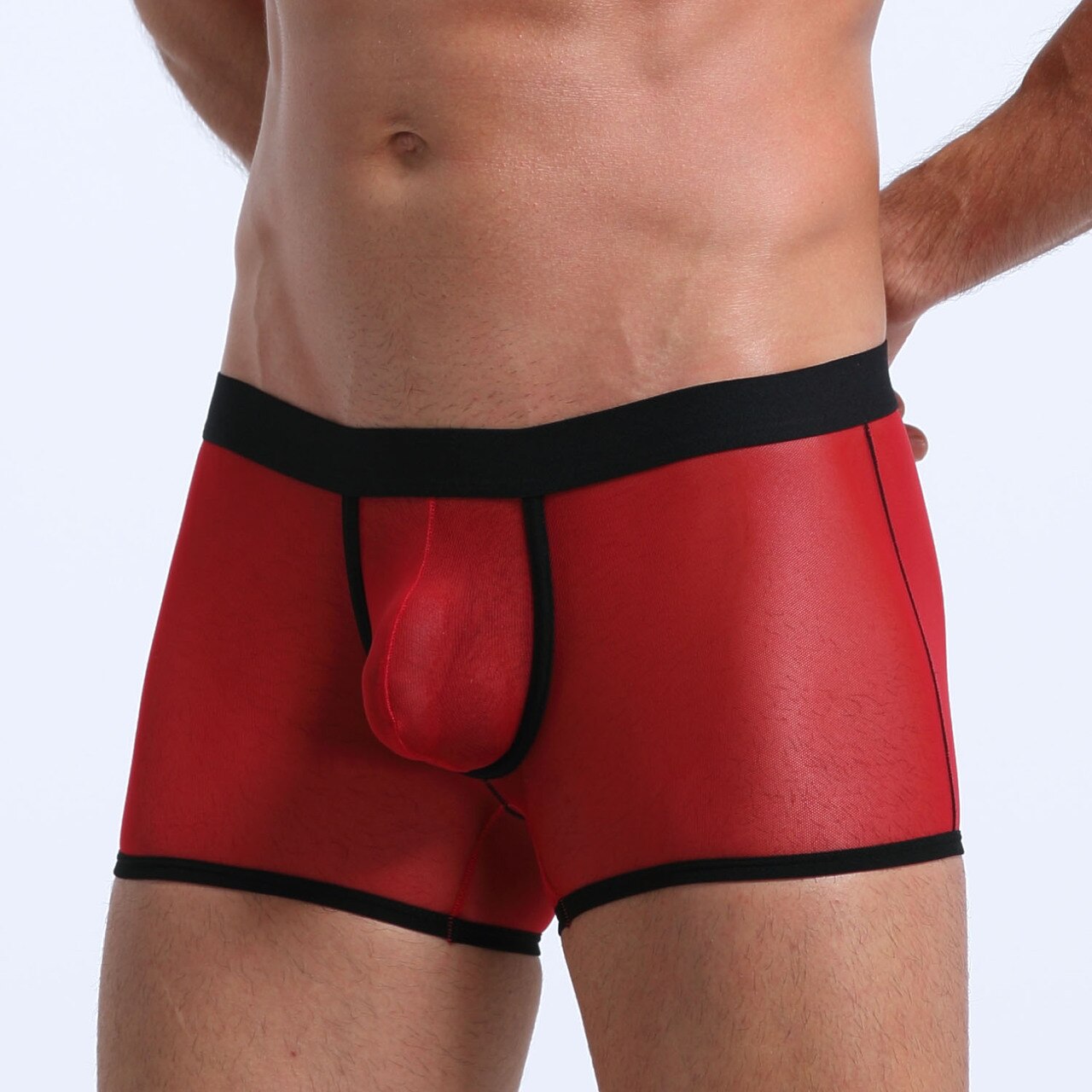 JCSTK - Mens Stretch Mesh Sheer Boxer Briefs with Pouch Front Red