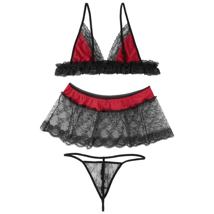 Sissy Lingerie Men Sleepwear Bra Top, G string and See-through Mini Skirt Red