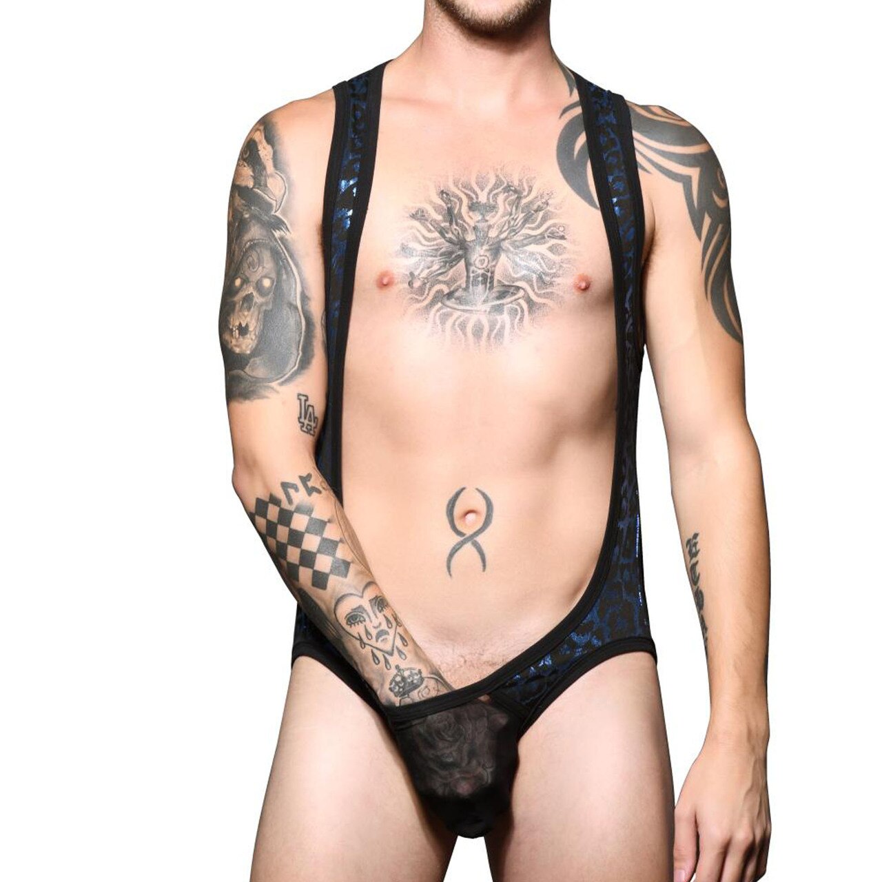 Mens Andrew Christian Massive Night Leopard Singlet Bodysuit Black and Blue