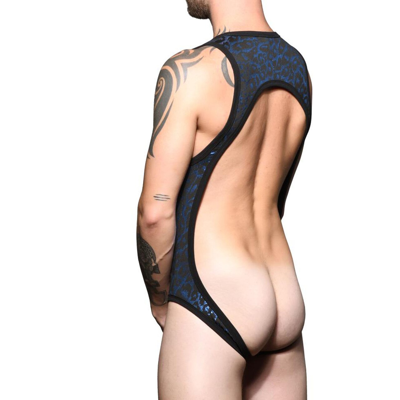 Mens Andrew Christian Massive Night Leopard Singlet Bodysuit Black and Blue