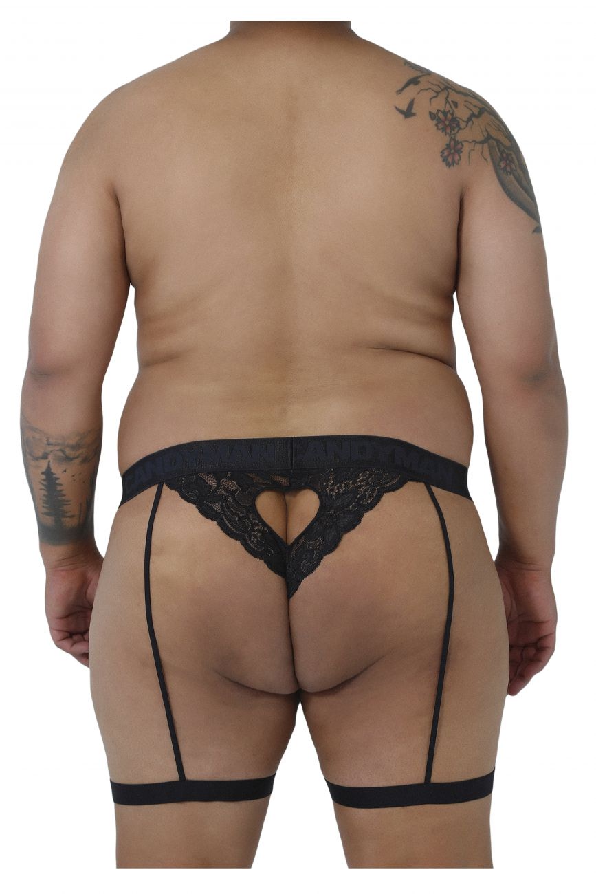 CandyMan 99310X Lace Garter Thong Black Plus Sizes