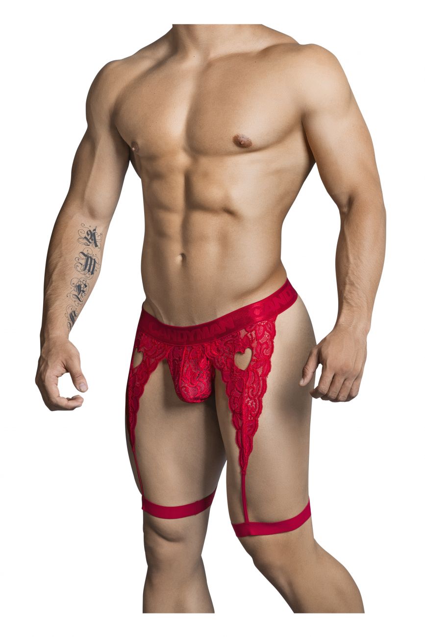 CandyMan 99310 Thong with Attached Garters Red
