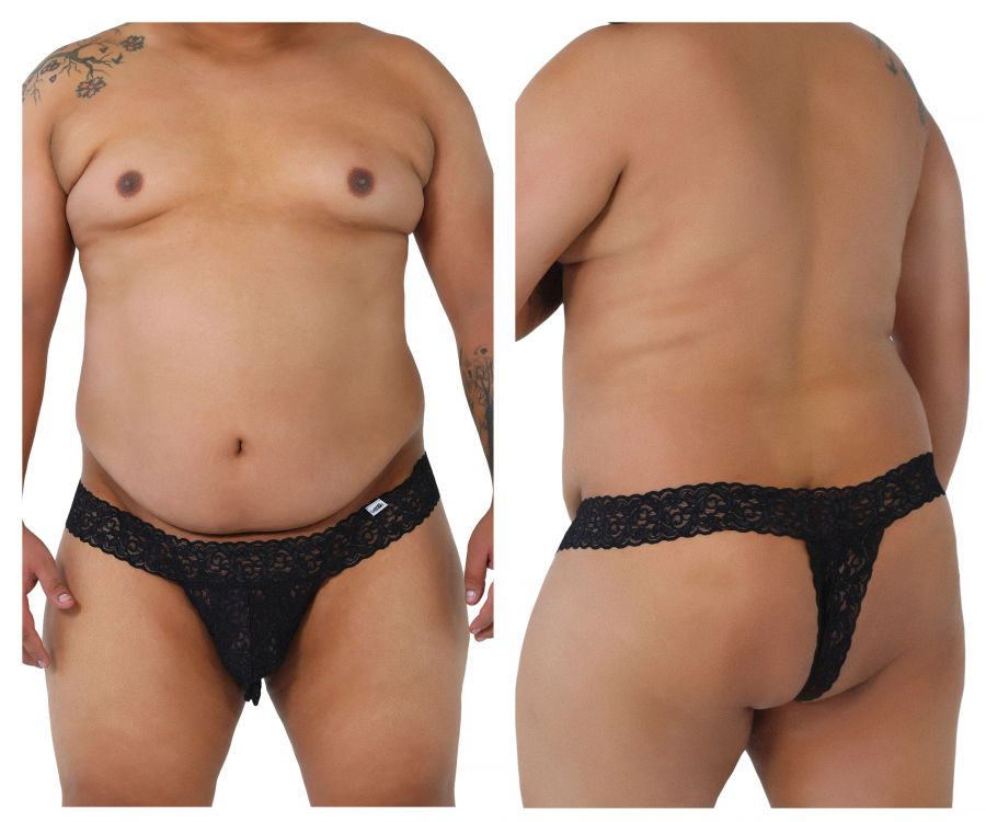 CandyMan 99315X Peek a Boo Lace Thongs Black Plus Sizes