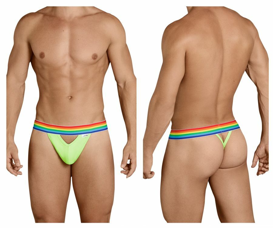Mens G string with Gay Pride Rainbow Waist Green