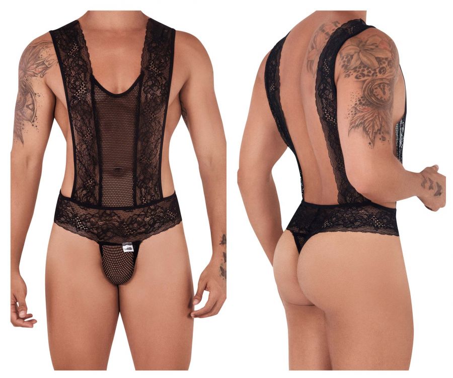 CandyMan 99518 Mesh-Lace Bodysuit Thongs Black