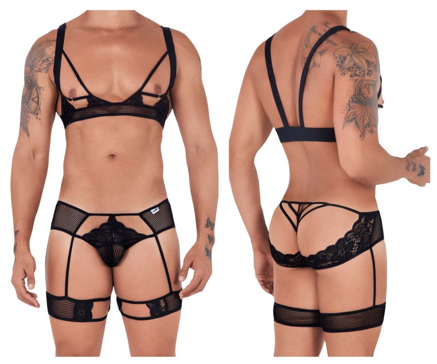 CandyMan 99527 Cut-Out Top and Garter Thongs Set Black