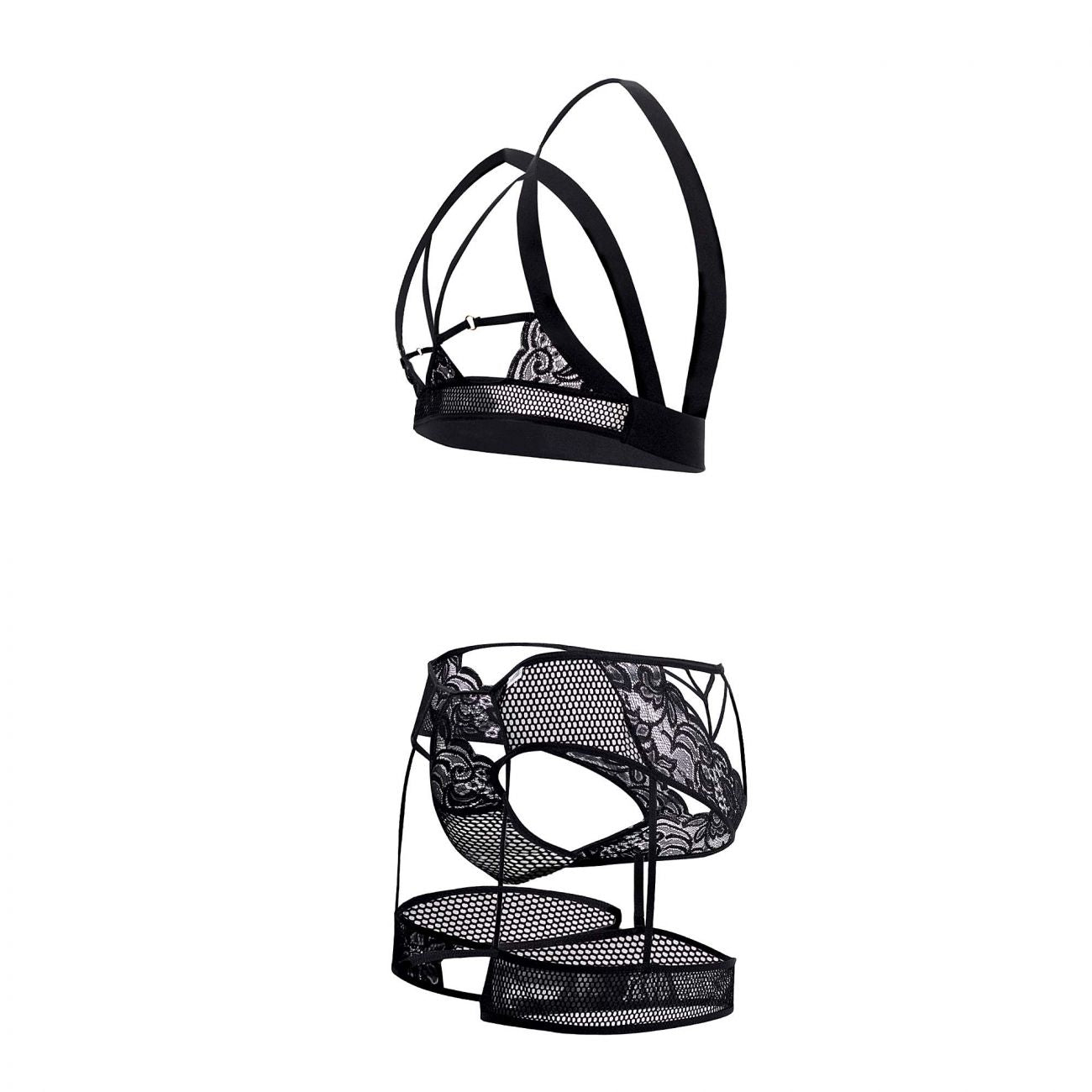 CandyMan 99527 Cut-Out Top and Garter Thongs Set Black