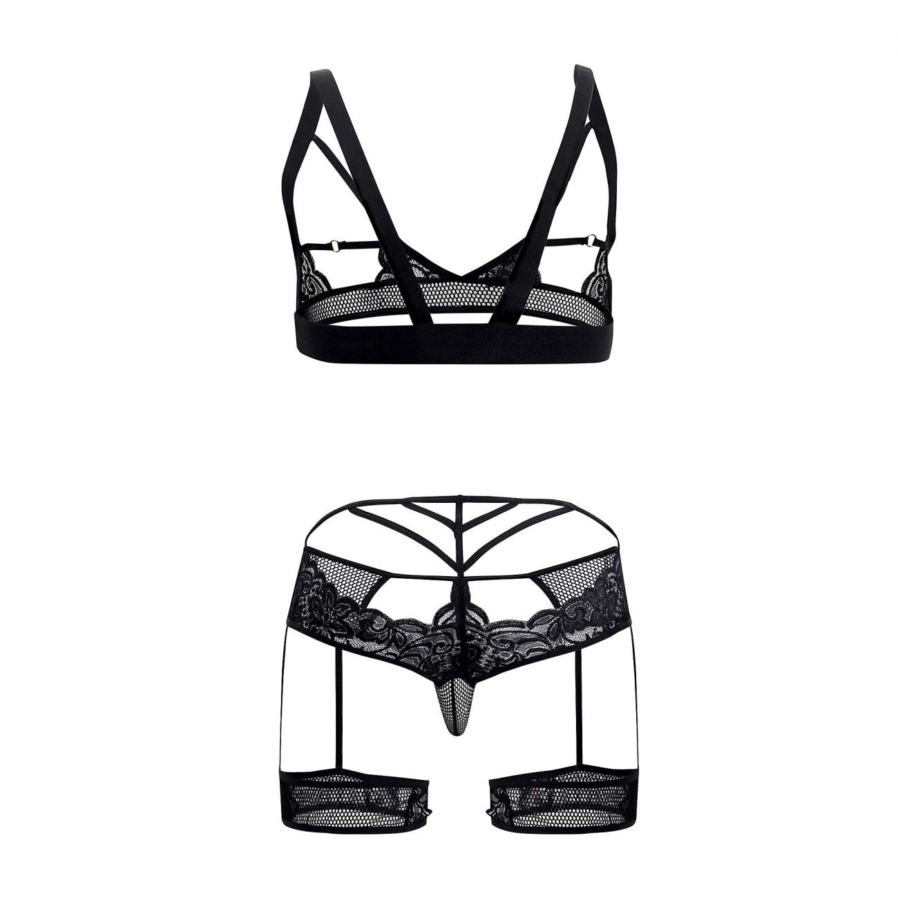 CandyMan 99527 Cut-Out Top and Garter Thongs Set Black