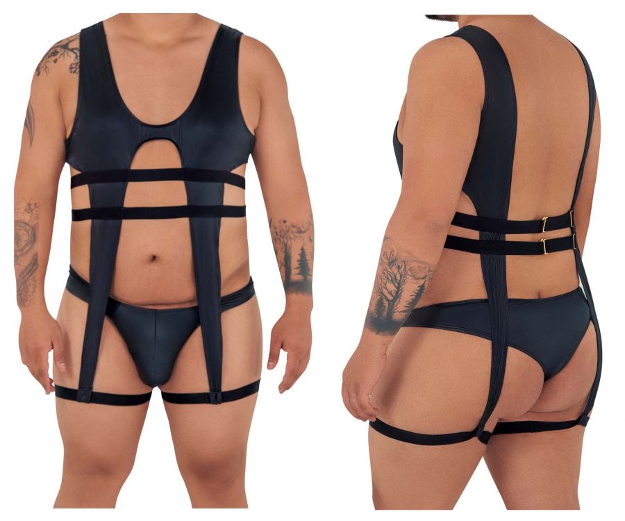 CandyMan 99541X Gladiator Thong Bodysuit Black Plus Sizes