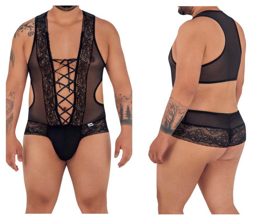 CandyMan 99557X Mesh-Lace Bodysuit Black Plus Sizes