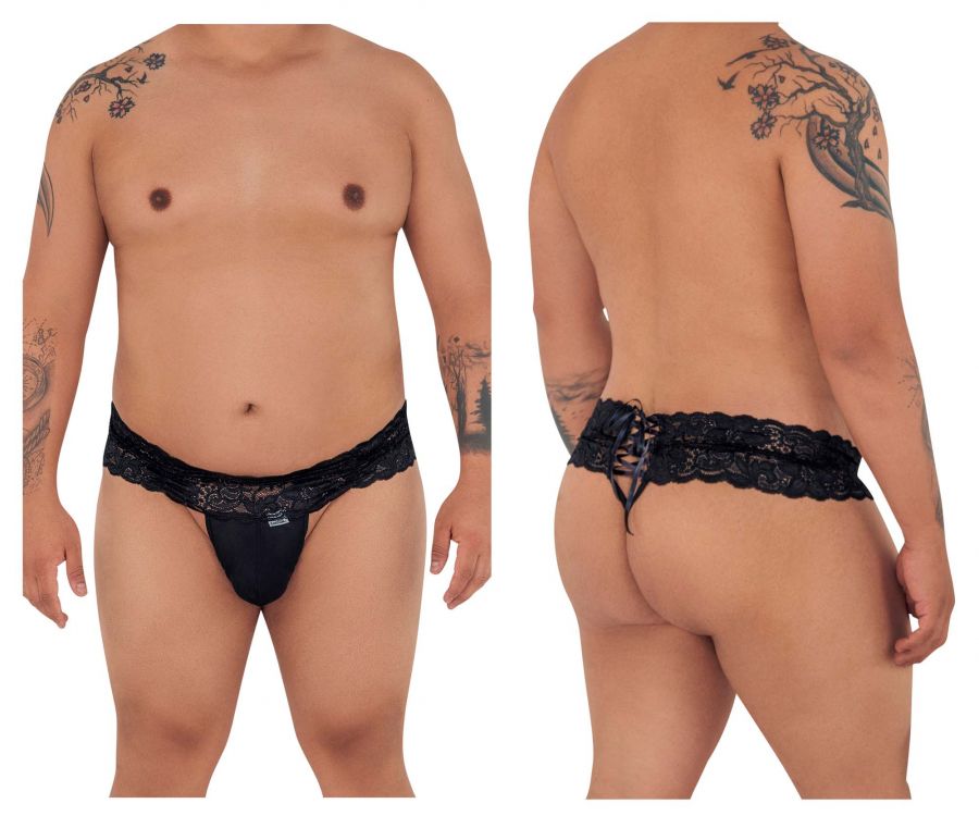 CandyMan 99595X Floral Lace Thongs Black Plus Sizes