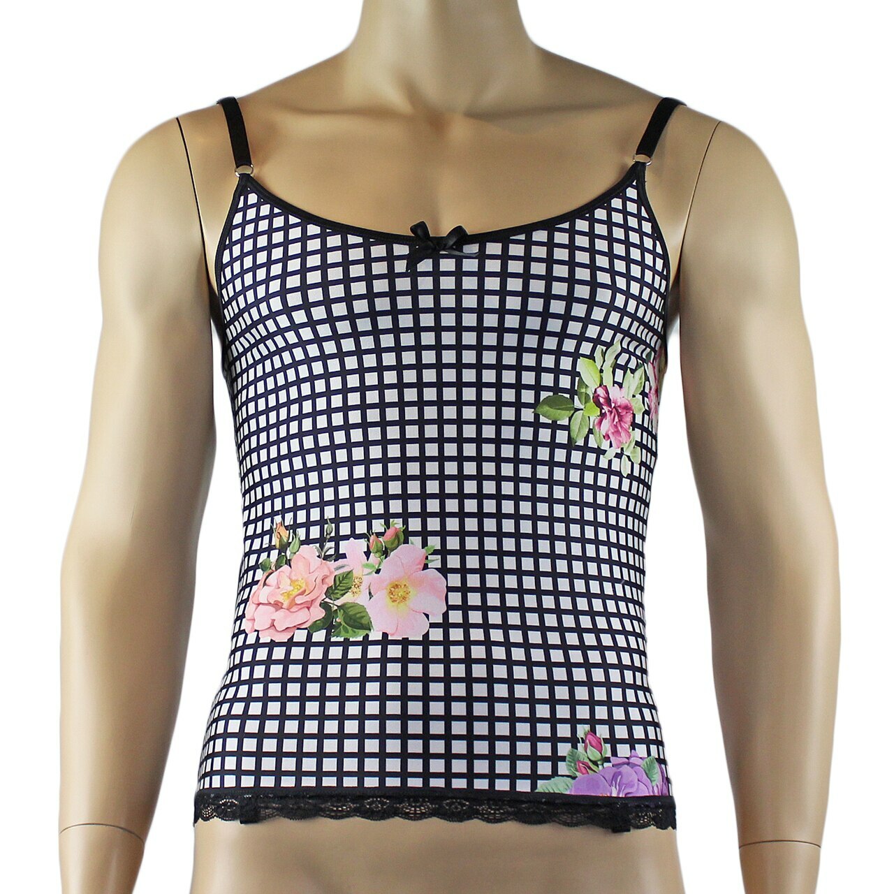 Mens Diana Camisole Corset Top & G string in a Pretty Flower Checkered Print Spandex