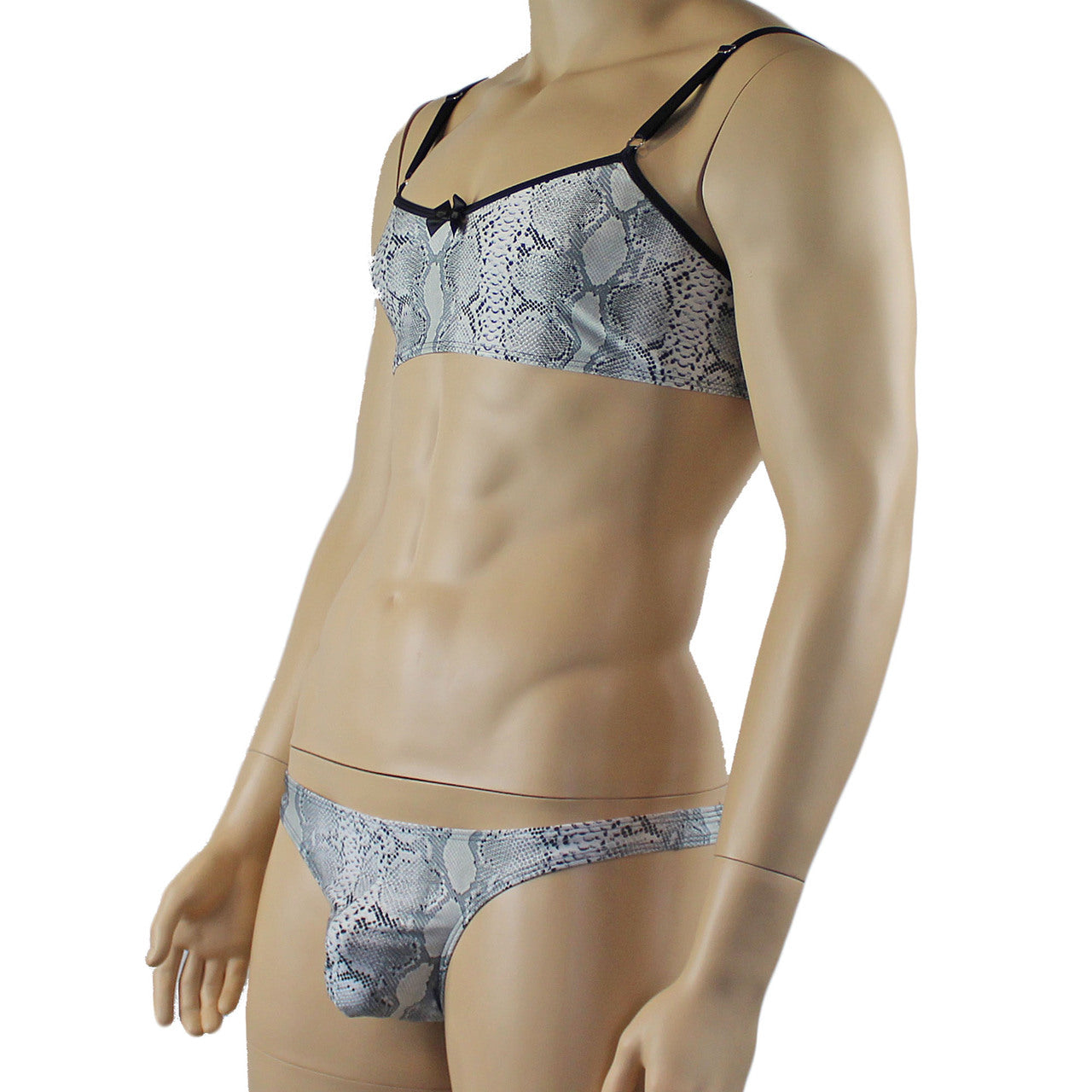 Mens Bra Grey Snake Print Bra Top for Males & Thong
