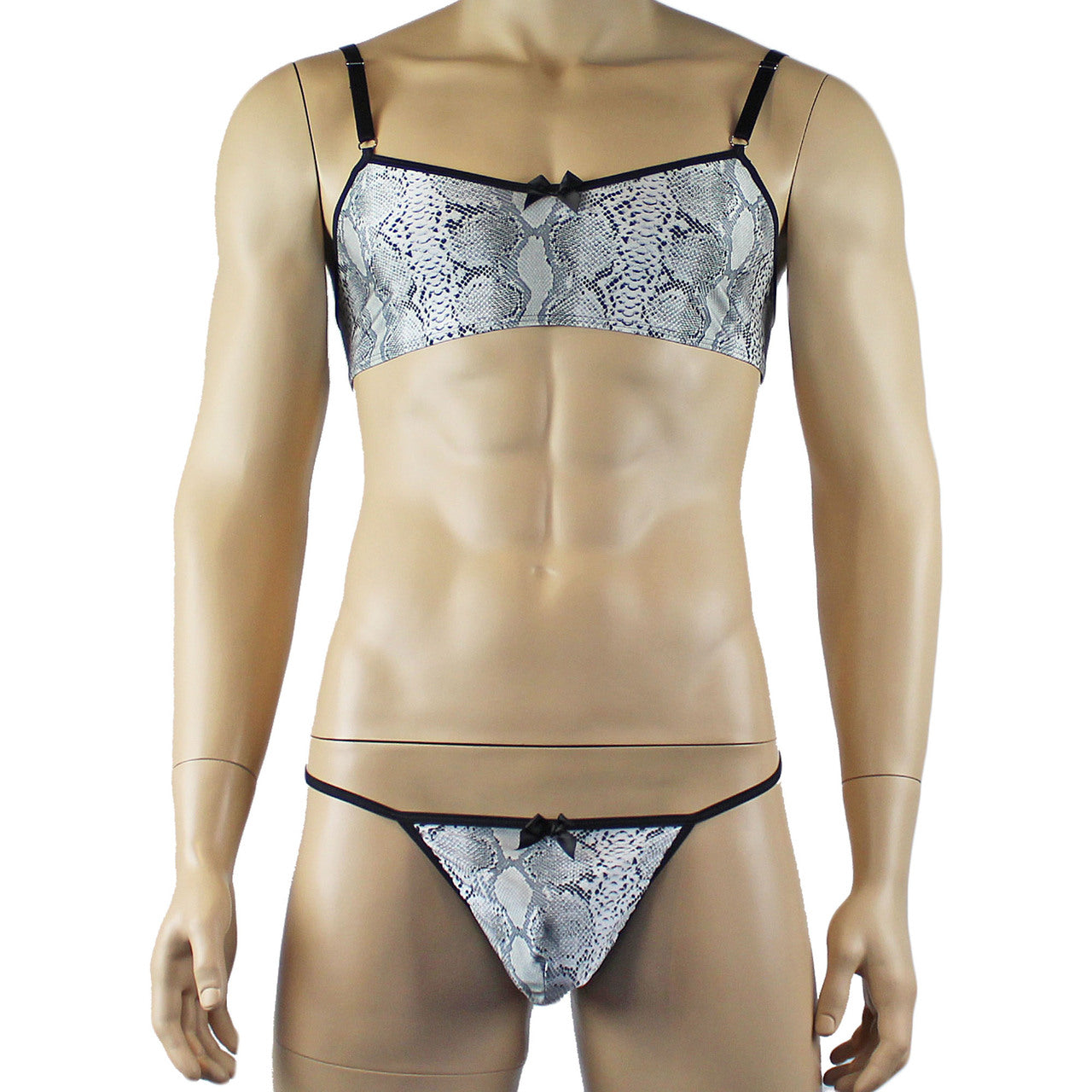 Mens Bra Grey Snake Print Bra Top for Males & G string