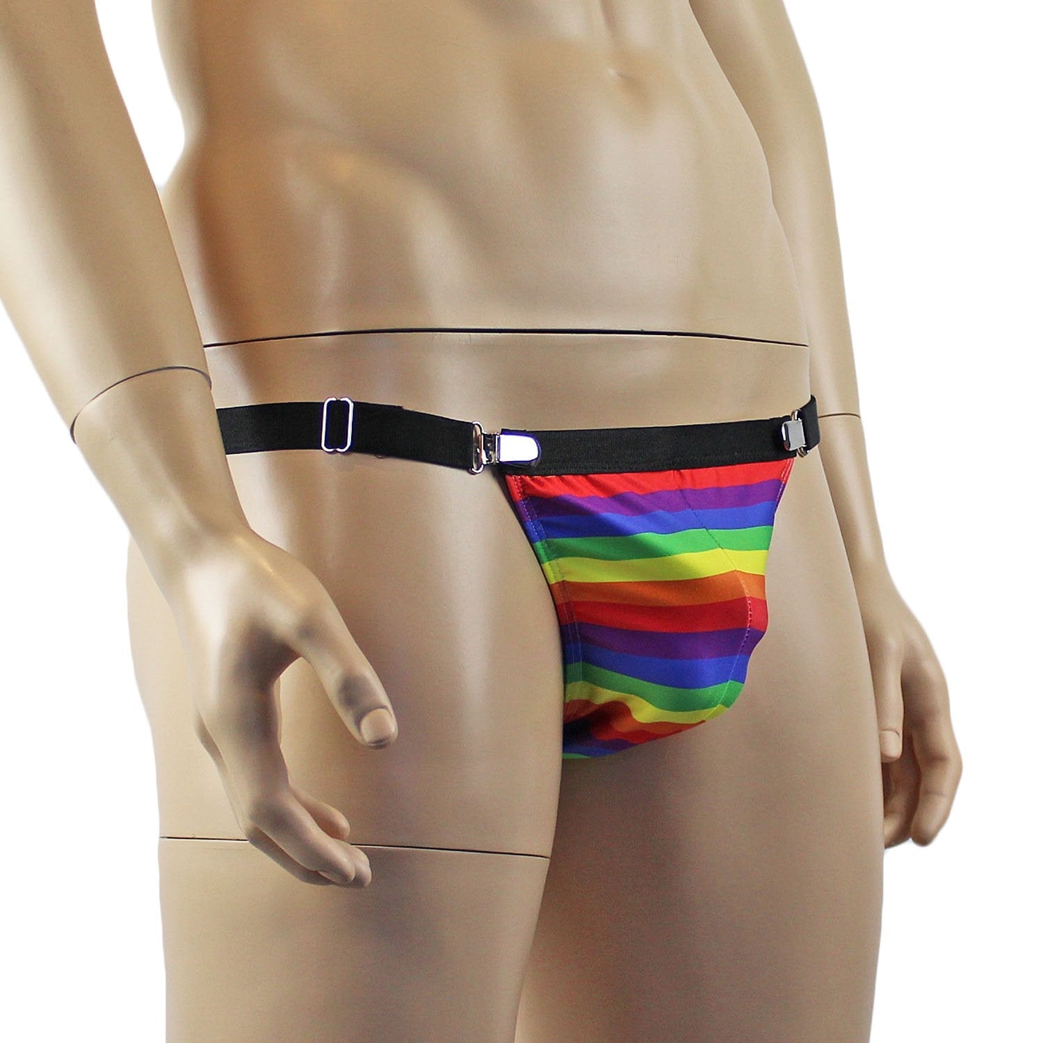 Gay Pride Rainbow Mens Thong with Adjustable Metal Clasp Open Sides