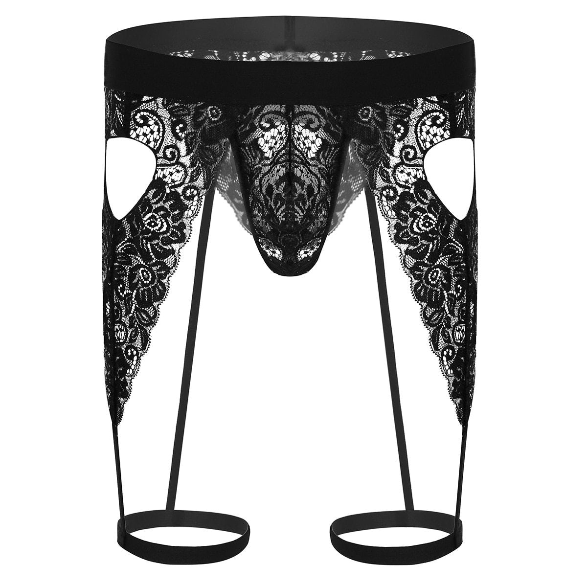 Mens Lingerie See Through Floral Lace Open Butt Bulge Pouch Cutout Love Heart Bikini Black