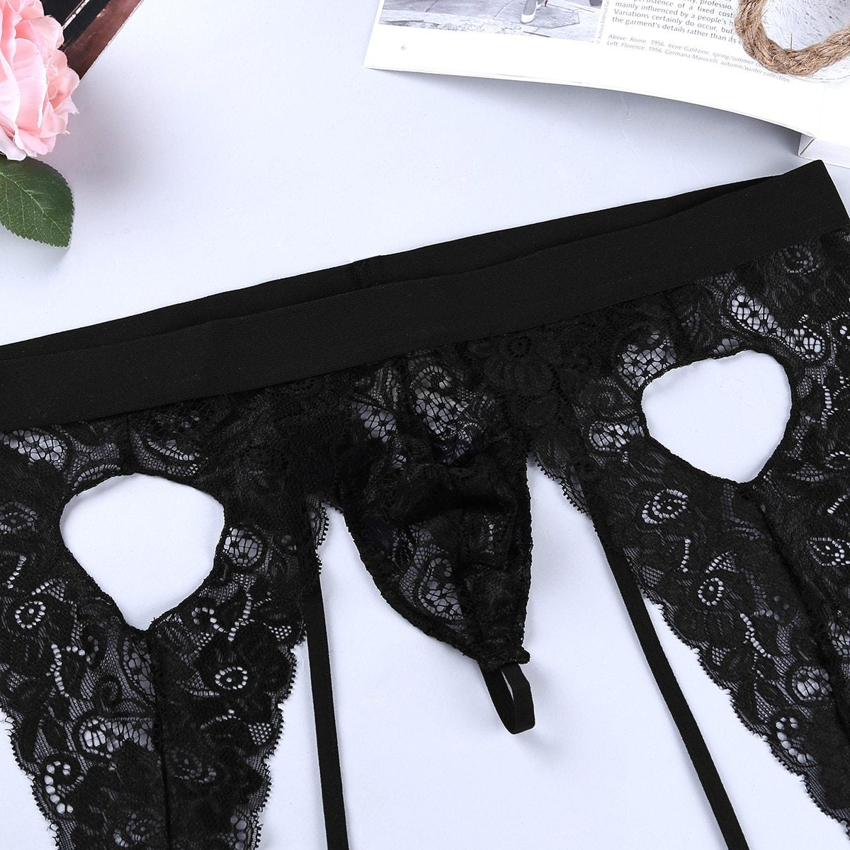 Mens Lingerie See Through Floral Lace Open Butt Bulge Pouch Cutout Love Heart Bikini Black
