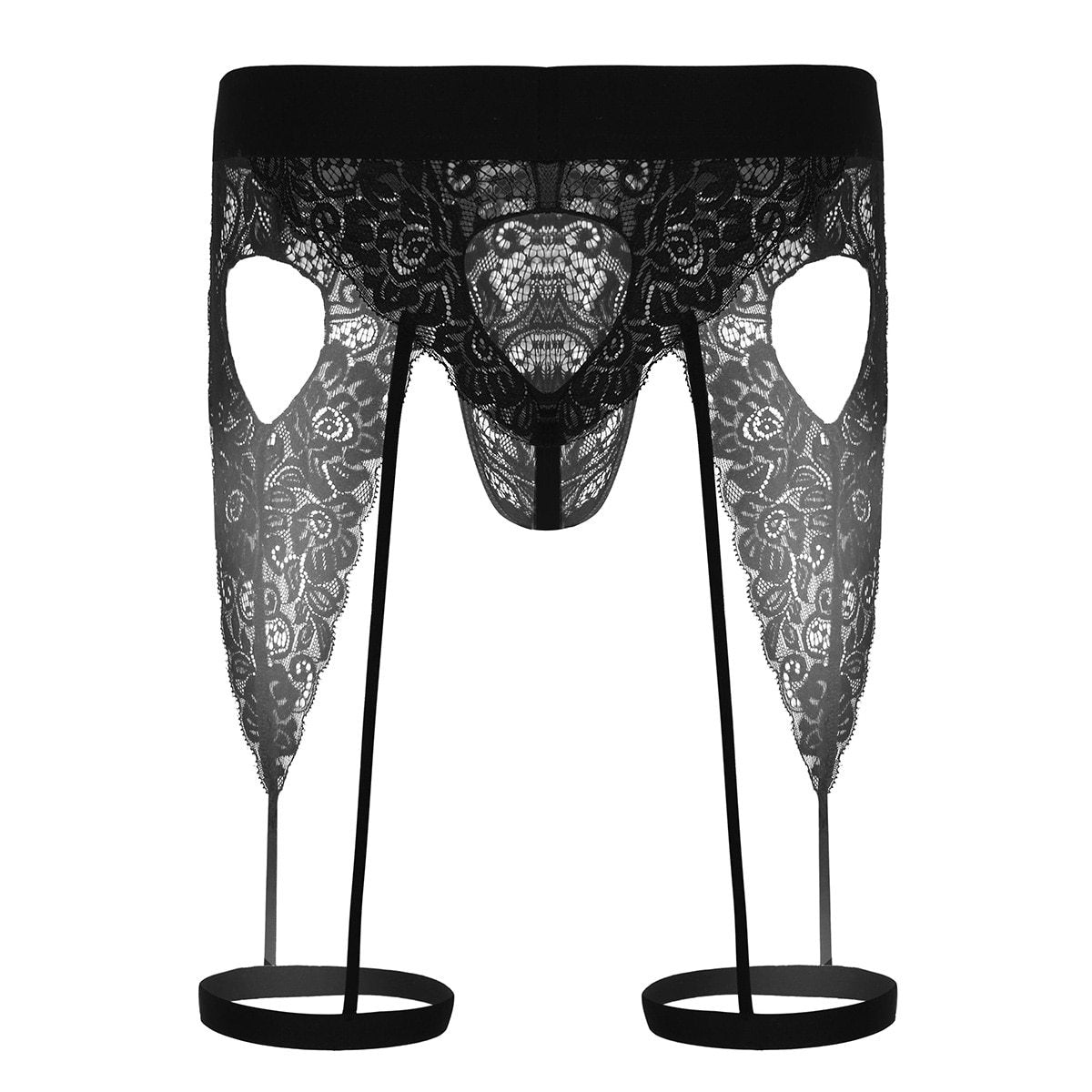 Mens Lingerie See Through Floral Lace Open Butt Bulge Pouch Cutout Love Heart Bikini Black