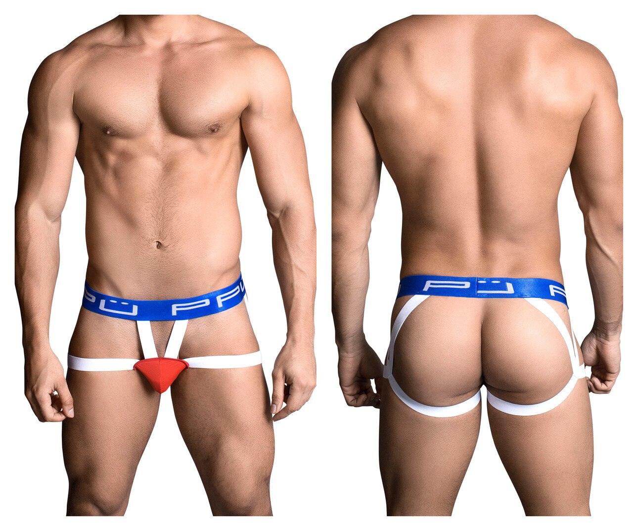Male PPU Jockstrap with Peep Hole Front Red and Blue