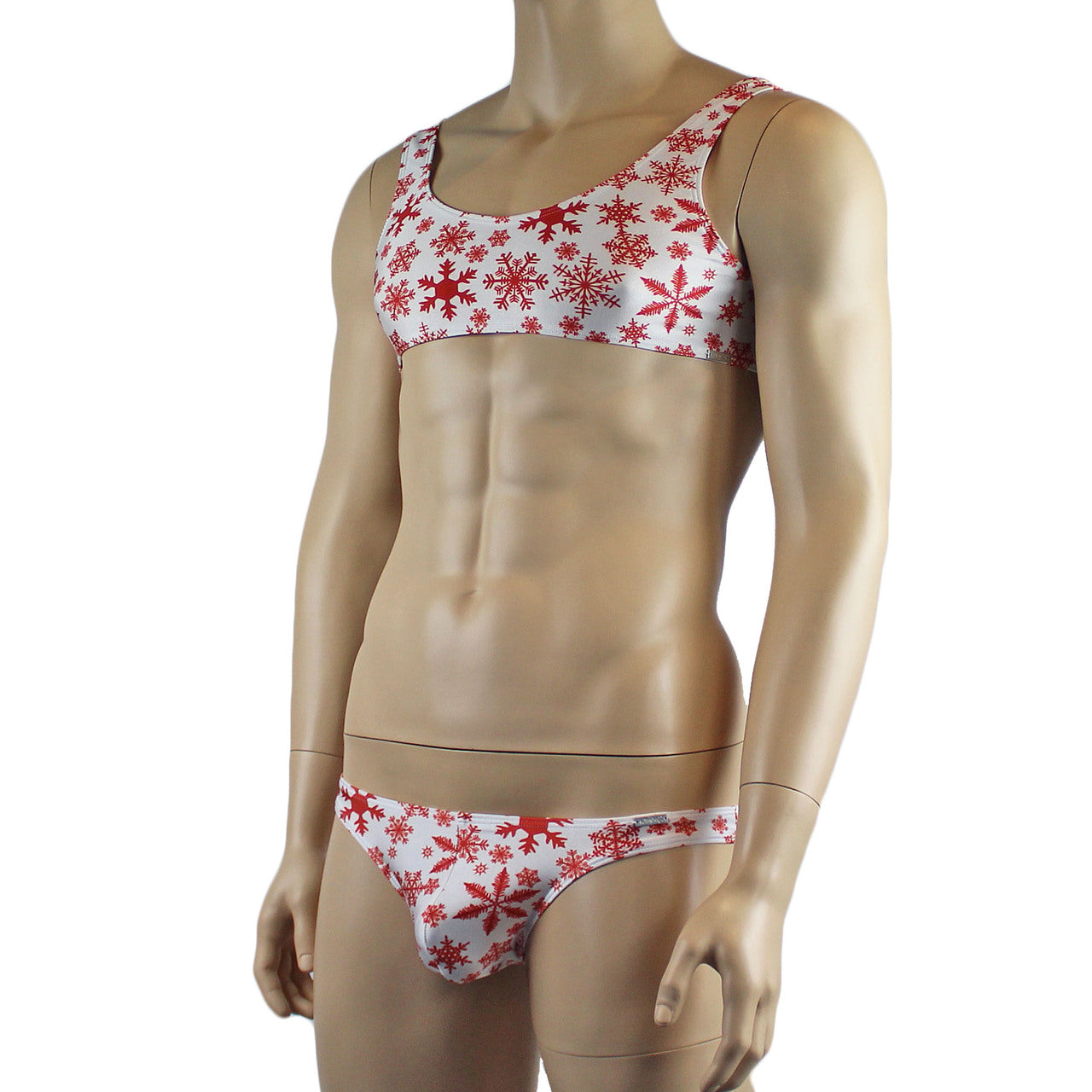 Mens Lingerie Snowflake Bra Top & Low Cut Bikini Brief Red and White