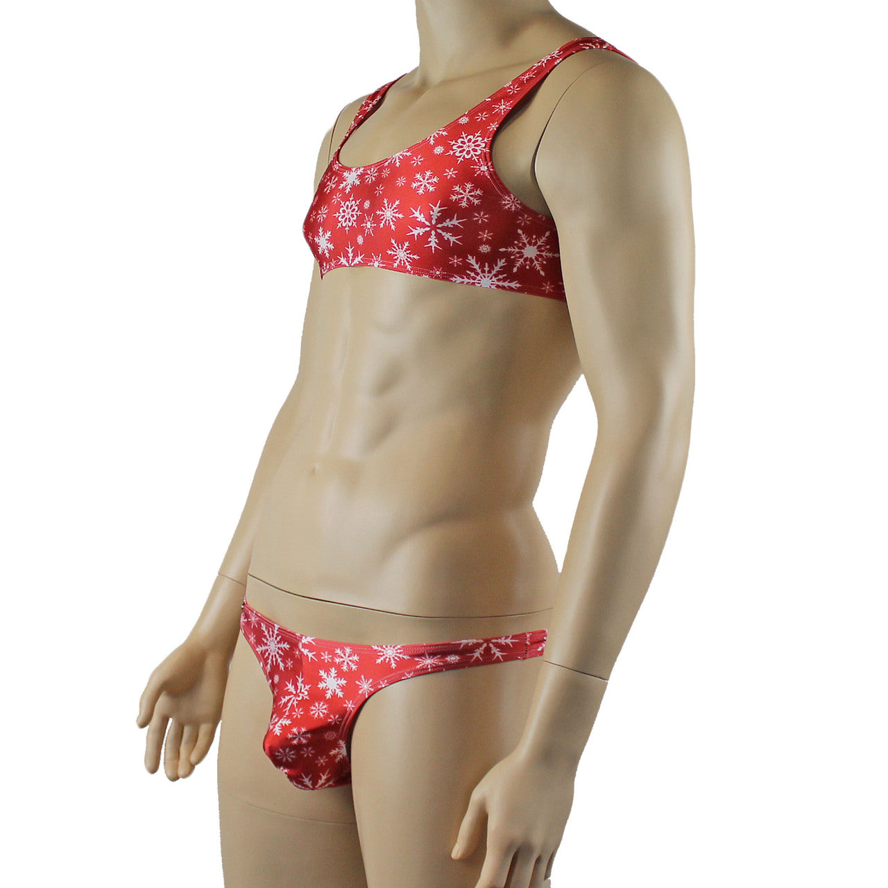 Mens Lingerie Snowflake Bra Top & Low Cut Thong Red and White