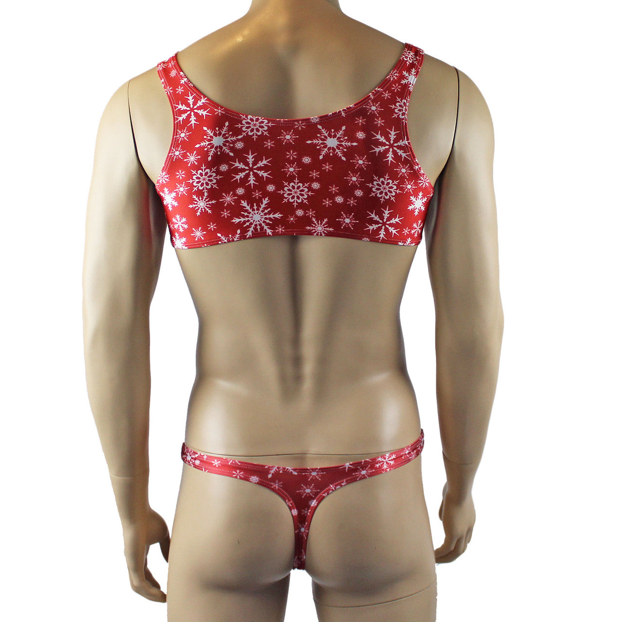 Mens Lingerie Snowflake Bra Top & Low Cut Thong Red and White
