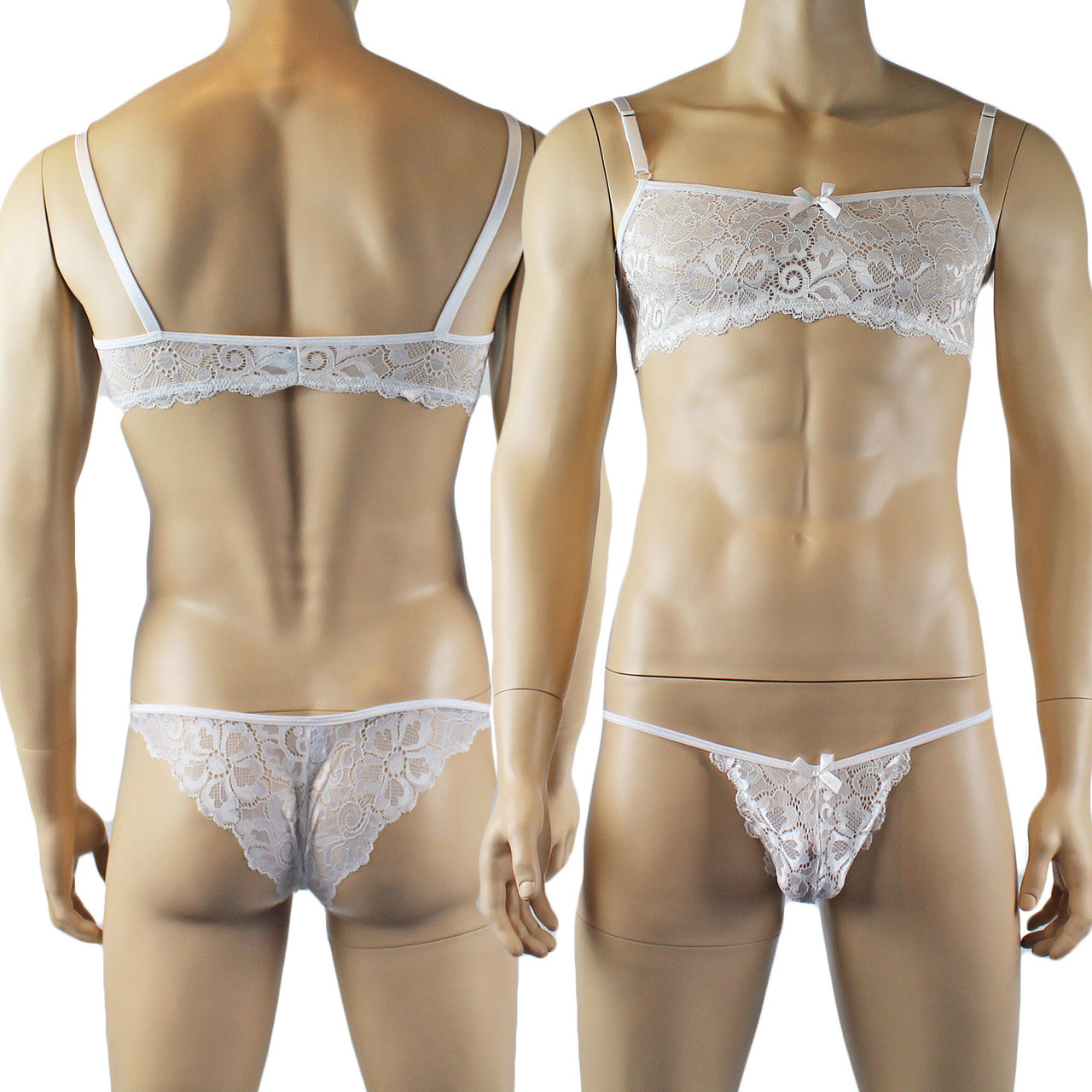 Mens Scalloped Shiny Lace Bra Top and Panty (white plus other colours)