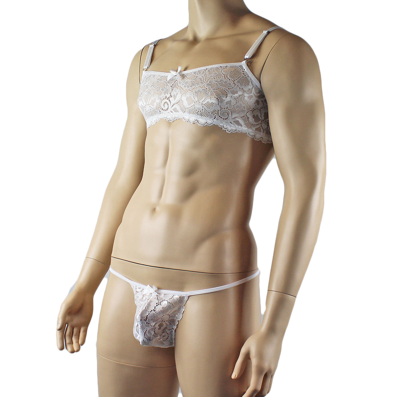 Mens Scalloped Shiny Lace Bra Top and G string (white plus other colours)