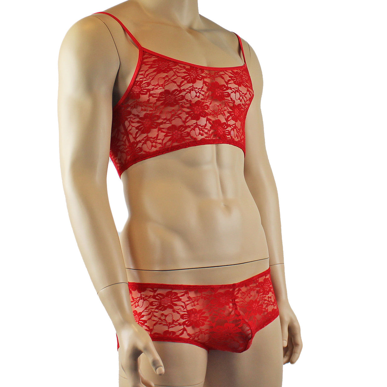 Mens Lace Crop Bra Top Camisole and Male Lingerie Panty Briefs (red plus other colours)