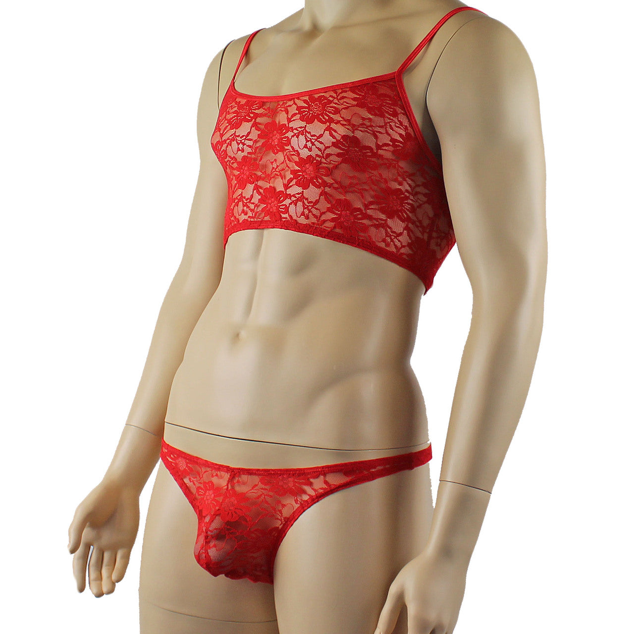 Mens Lace Crop Top Bra and Matching Lace Thong (red plus other colours)